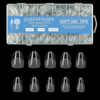 GV581 QUEENFINGER Gel X Nail Tips, Soft Gel Full Cover Clear Acrylic Nail Extensions for Manicure Nail Art Salon or Home DIY Use Medium Length ( 600PCS)