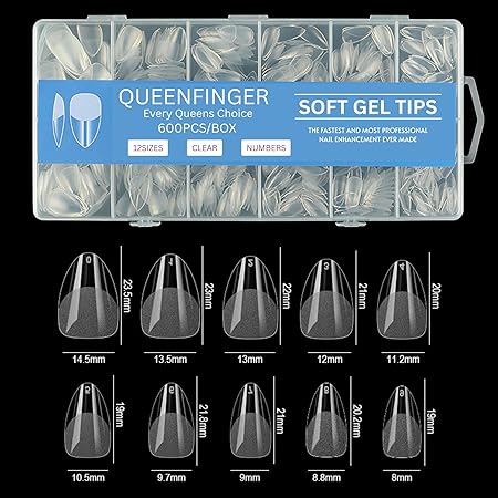 GV581 QUEENFINGER Gel X Nail Tips, Soft Gel Full Cover Clear Acrylic Nail Extensions for Manicure Nail Art Salon or Home DIY Use Medium Length ( 600PCS)