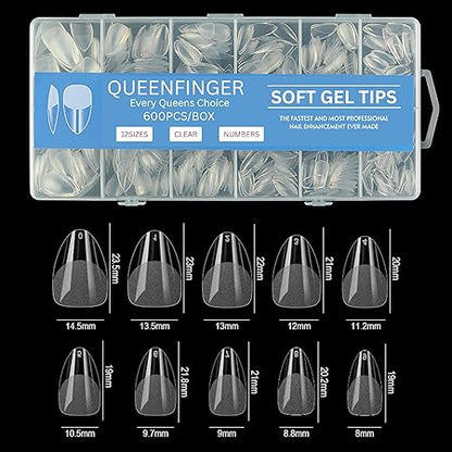 GV581 QUEENFINGER Gel X Nail Tips, Soft Gel Full Cover Clear Acrylic Nail Extensions for Manicure Nail Art Salon or Home DIY Use Medium Length ( 600PCS)