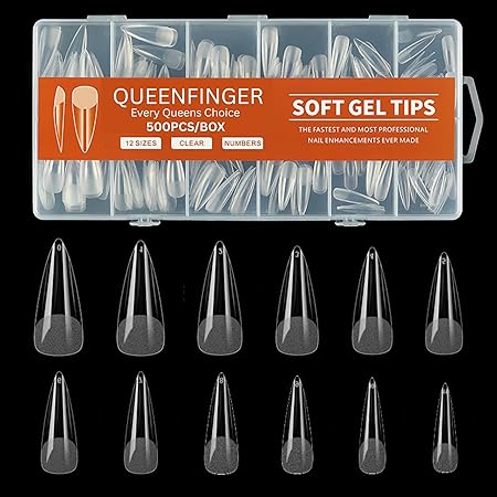 GV581 QUEENFINGER Gel X Nail Tips, Soft Gel Full Cover Clear Acrylic Nail Extensions for Manicure Nail Art Salon or Home DIY Use Medium Length ( 600PCS)