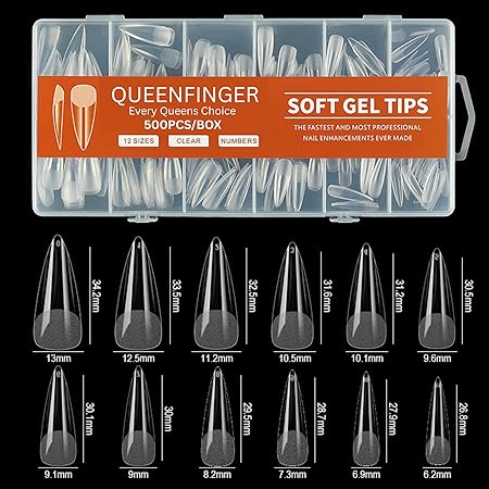 GV581 QUEENFINGER Gel X Nail Tips, Soft Gel Full Cover Clear Acrylic Nail Extensions for Manicure Nail Art Salon or Home DIY Use Medium Length ( 600PCS)