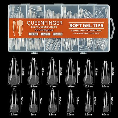 GV581 QUEENFINGER Gel X Nail Tips, Soft Gel Full Cover Clear Acrylic Nail Extensions for Manicure Nail Art Salon or Home DIY Use Medium Length ( 600PCS)