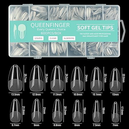 GV581 QUEENFINGER Gel X Nail Tips, Soft Gel Full Cover Clear Acrylic Nail Extensions for Manicure Nail Art Salon or Home DIY Use Medium Length ( 600PCS)