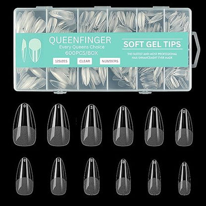 GV581 QUEENFINGER Gel X Nail Tips, Soft Gel Full Cover Clear Acrylic Nail Extensions for Manicure Nail Art Salon or Home DIY Use Medium Length ( 600PCS)