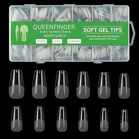 GV581 QUEENFINGER Gel X Nail Tips, Soft Gel Full Cover Clear Acrylic Nail Extensions for Manicure Nail Art Salon or Home DIY Use Medium Length ( 600PCS)