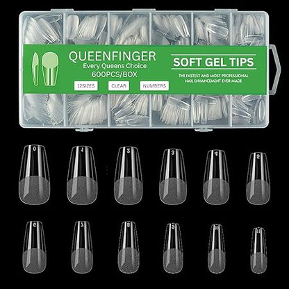 GV581 QUEENFINGER Gel X Nail Tips, Soft Gel Full Cover Clear Acrylic Nail Extensions for Manicure Nail Art Salon or Home DIY Use Medium Length ( 600PCS)