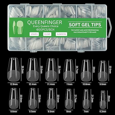 GV581 QUEENFINGER Gel X Nail Tips, Soft Gel Full Cover Clear Acrylic Nail Extensions for Manicure Nail Art Salon or Home DIY Use Medium Length ( 600PCS)