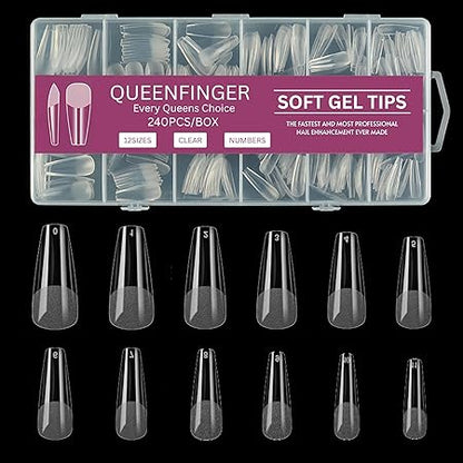 GV581 QUEENFINGER Gel X Nail Tips, Soft Gel Full Cover Clear Acrylic Nail Extensions for Manicure Nail Art Salon or Home DIY Use Medium Length ( 600PCS)