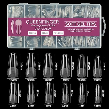 GV581 QUEENFINGER Gel X Nail Tips, Soft Gel Full Cover Clear Acrylic Nail Extensions for Manicure Nail Art Salon or Home DIY Use Medium Length ( 600PCS)
