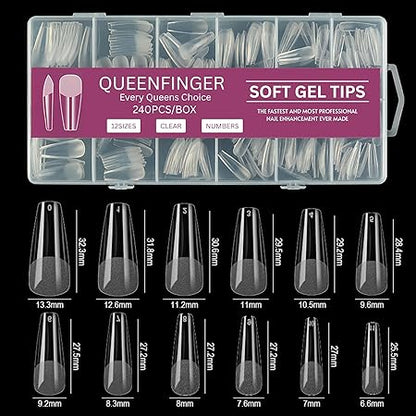 GV581 QUEENFINGER Gel X Nail Tips, Soft Gel Full Cover Clear Acrylic Nail Extensions for Manicure Nail Art Salon or Home DIY Use Medium Length ( 600PCS)