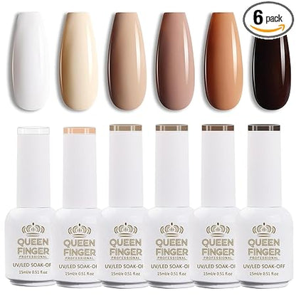 GV582 QUEENFINGER Gel Nail Polish Set - 6 Colors Nude Pink White Brown Cherry Colors Nail Polish For All Seasons Neutral Soak Off LED Lamp Cured Manicure Kit For Nail Art (2,71,79,80,81,83) (Milk Chocolate)