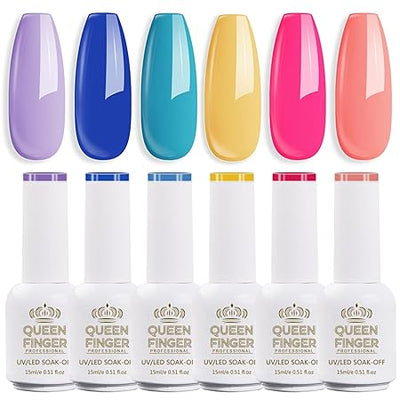 GV868 Gel Nail Polish Set - 6 Colors Summer Bright Hot Pink Royal Blue Purple Turquoise Peaches Coral Yellow NailPolish Soak Off LED Lamp Cured For Nail Art (29,58,57,41,33,17) (Summer Island)