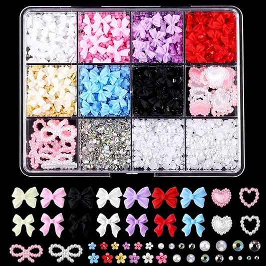 GV707 THR3E STROKES 1000 Pcs 3D Nail Charms and Flatback Pearls Set 12-7 Colors Nail Bows, Flower Heart Jewels, AB Round Rhinestones, White Pearls for Nail Art DIY Decoration (New D03)
