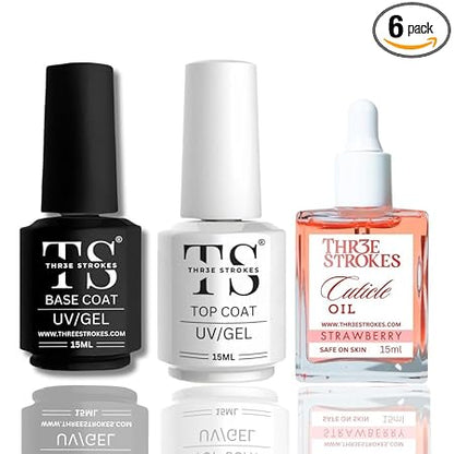GV708 THR3E STROKES 3 Pcs 15Ml No Wipe Gel Top Coat And Base Coat Set With Cuticle Oil - Soak Off Led Nail Lamp Gel Base Top Coat Finish Nail Art Design For Women(Require uv lamp for drying)