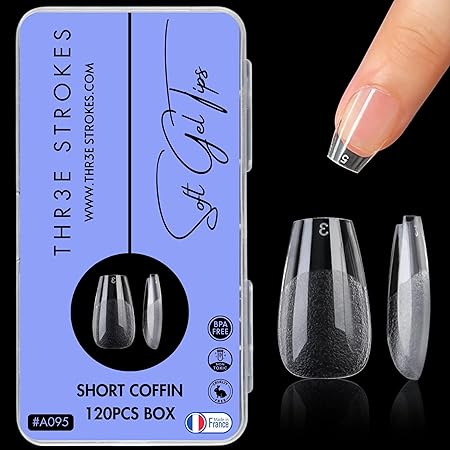 GV764 THR3E STROKES 120pcs Soft Gel Nail Tips, Gel X NailTips Clear Fake Nails Full Cover Soft Acrylic NailTips with Box for Extension Nail Manicure Salon Home DIY