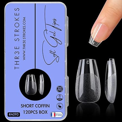 GV764 THR3E STROKES 120pcs Soft Gel Nail Tips, Gel X NailTips Clear Fake Nails Full Cover Soft Acrylic NailTips with Box for Extension Nail Manicure Salon Home DIY