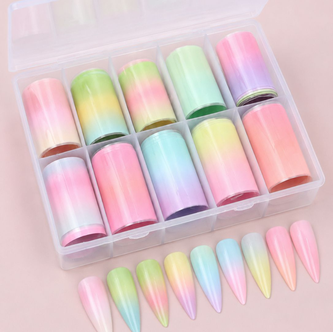 GV920 10pcs Pastel Gradient Nail Foil Transfer Set – Ombre Rainbow Nail Art Foils with Storage Box for Gel Polish & DIY Manicure