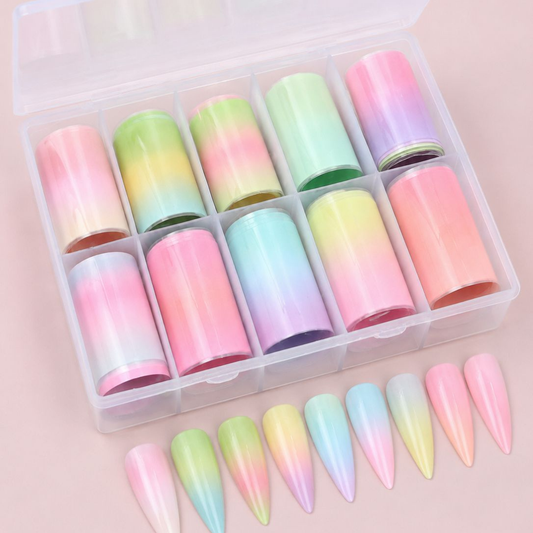 GV920 10pcs Pastel Gradient Nail Foil Transfer Set – Ombre Rainbow Nail Art Foils with Storage Box for Gel Polish & DIY Manicure