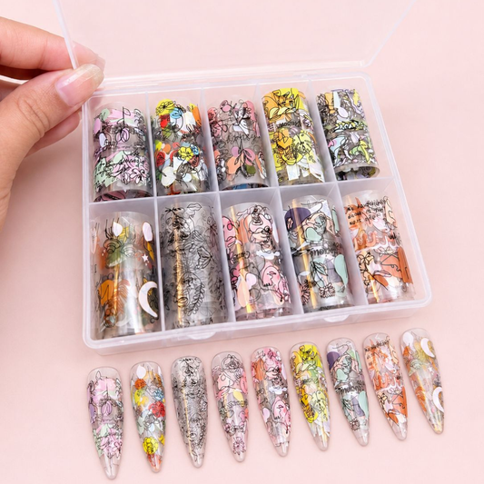 GV921 10pcs Abstract Line Art Nail Foil Transfer Set – Modern Face & Floral Design Foils with Storage Box for Gel Nail Art