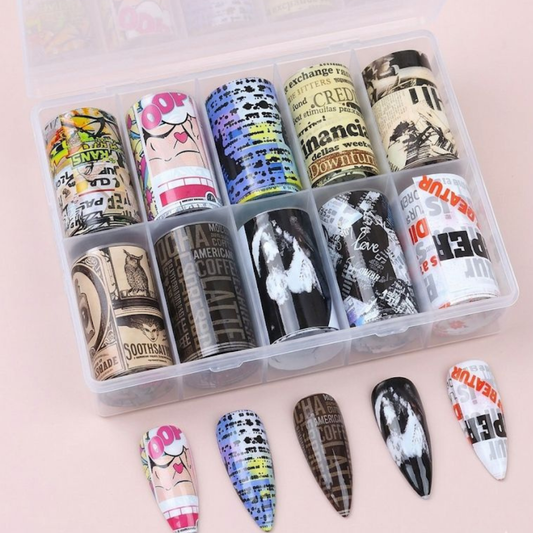 GV931 10pcs Vintage Newspaper & Graffiti Nail Foil Transfer Set – Retro Typography & Comic Print Nail Art Foils with Storage Box