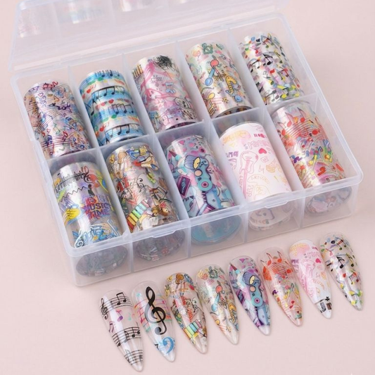 GV933 10pcs Music & Cartoon Nail Foil Transfer Set – Cute Doodle, Notes & Pop Art Nail Art Foils with Storage Box