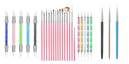GV779 THR3E STROKES 28-Piece Professional Nail Art Tool Set with Brushes, Dotting Pens, Liner Brushes, Silicone Sculpture Pens, Multicolored