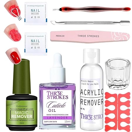 GV780 THR3E STROKES Gel Nail Polish Remover, No Need for Foil, Quick & Easy Polish Remover In 3-5 Minutes, No Need Soaking Or Wrapping Doesn't Hurt Nails-15ml (Set of 3) ( Buffer+Peeler+Cuticle Oil +Acrylic Remover) Accesories Free