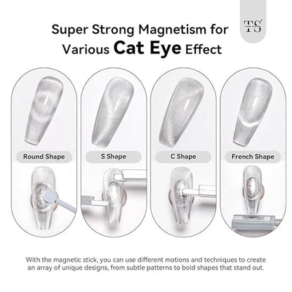 GV1078 THR3E STROKES Cat Eye Magnetic Nail Art Set, 9 Pieces, Double-Ended Magnet Tools with Square and Round Tips
