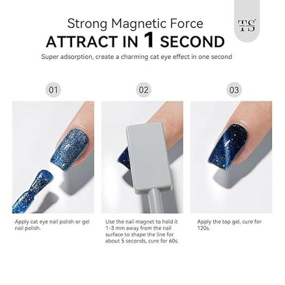 GV1078 THR3E STROKES Cat Eye Magnetic Nail Art Set, 9 Pieces, Double-Ended Magnet Tools with Square and Round Tips