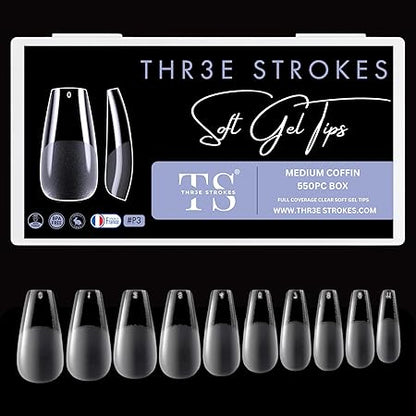 GV34 THR3E STROKES Soft Gel Nail Tips, Full Cover Clear Soft Nail Tips for Artificial False Nails Extension Nail Salons DIY Nail Art with Box, 550PCS (MEDIUM COFFIN P3)