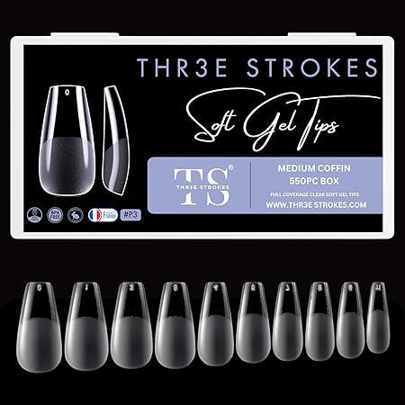 GV34 THR3E STROKES Soft Gel Nail Tips, Full Cover Clear Soft Nail Tips for Artificial False Nails Extension Nail Salons DIY Nail Art with Box, 550PCS (MEDIUM COFFIN P3)