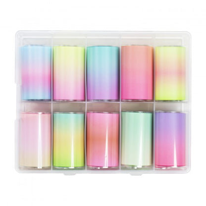 GV920 10pcs Pastel Gradient Nail Foil Transfer Set – Ombre Rainbow Nail Art Foils with Storage Box for Gel Polish & DIY Manicure