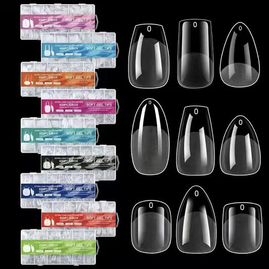GV914 600pcs Soft Gel Nail Tips – Extra Long Full Cover Clear Nail Extensions, Pre-Shaped False Nails for Gel/Polygel/Acrylic (12 Sizes Box)