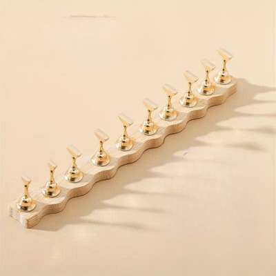 GV877 Wooden Press-On Nail Display Stand with Gold Holders – Professional Nail Art Practice Base