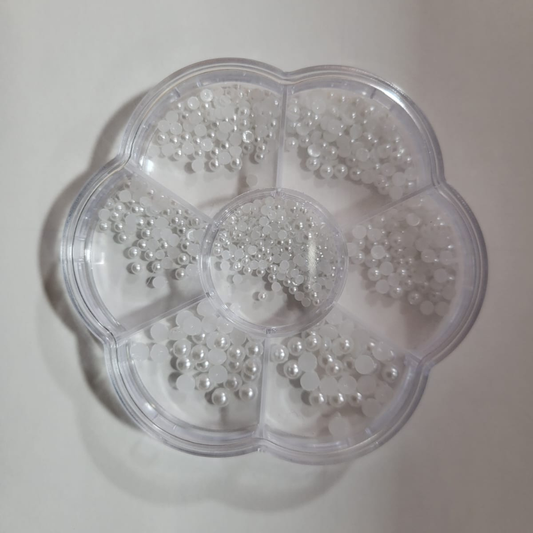 GV947 Nail Art Pearl Rhinestone Decoration Set – Mixed Size Flat Back Pearls with Storage Wheel for DIY Nail Design