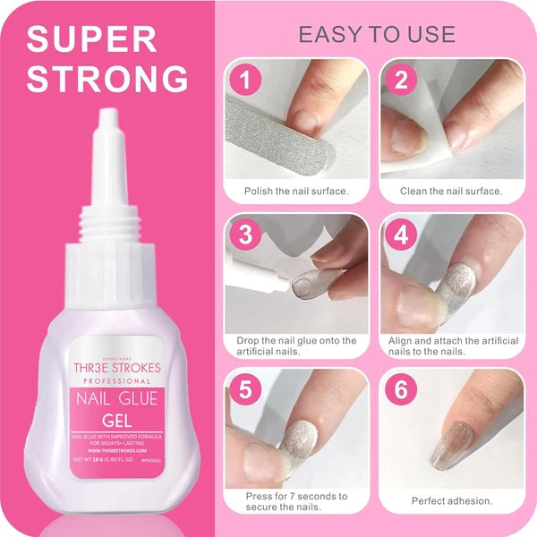 GV1162 THR3E STROKES Superstrong Nail Glue Gel – Improved Formula for Press-Ons, Tips & Nail Extensions (18g)