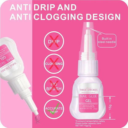 GV1162 THR3E STROKES Superstrong Nail Glue Gel – Improved Formula for Press-Ons, Tips & Nail Extensions (18g)