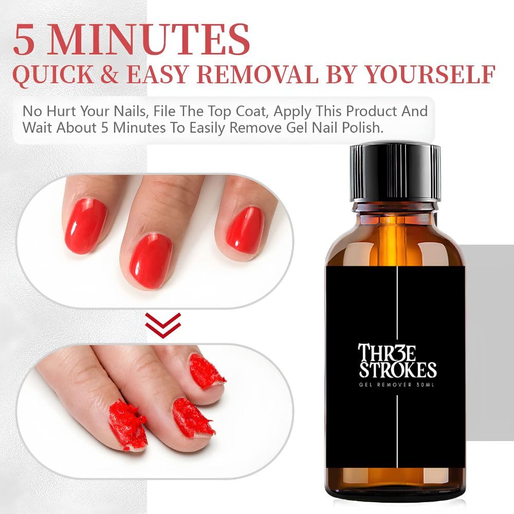 GV1121 THR3E STROKES Gel Nail Polish Remover 30ml, No Soaking or Wrapping Needed, Quick Gel Remover for Nails, Removes Polish in 3-5 Minutes