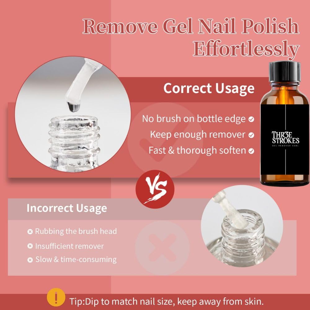 GV1121 THR3E STROKES Gel Nail Polish Remover 30ml, No Soaking or Wrapping Needed, Quick Gel Remover for Nails, Removes Polish in 3-5 Minutes
