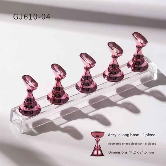 GV883 Acrylic Long Base Nail Display Stand with Rose Gold Magnetic Holders – Professional Nail Art Practice Tool