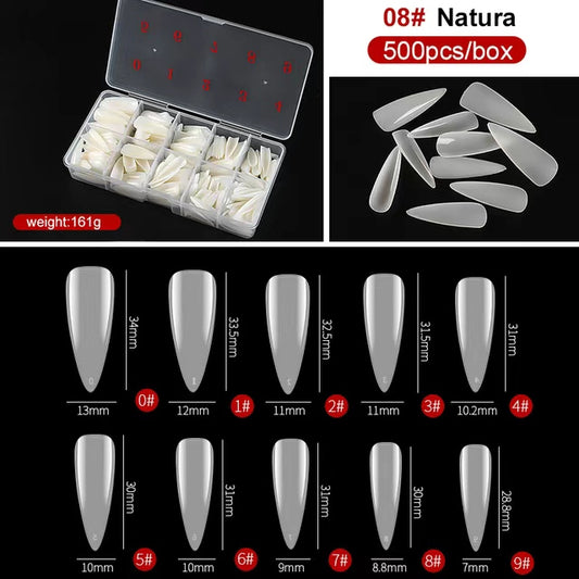 GV844 500pcs Natural Almond Nail Tips – Full Cover Nail Extension Tips (10 Sizes) for Acrylic, Gel & Press-On Nails | 08# Natural