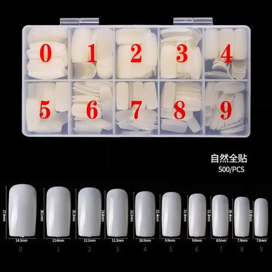 GV845 Premium 500PCS Full Cover Nail Tips – 10 Sizes (0–9) – Natural Acrylic & Gel Extension Tips