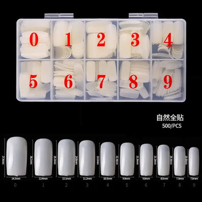 GV845 Premium 500PCS Full Cover Nail Tips – 10 Sizes (0–9) – Natural Acrylic & Gel Extension Tips