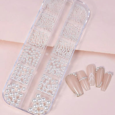 GV584 3D Nail Art Pearl Beads Decoration Set – Multi-Size White Pearls for Manicure & DIY Crafts