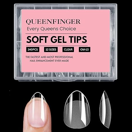 GV408 QUEENFINGER 240PCS Soft Gel Nail Tips with Box – Clear Gel X Nail Tips Full Cover Fake Nails Soft Acrylic Tips for Nail Extension Manicure at Home or Salon DIY Use for Women and Girls (01)