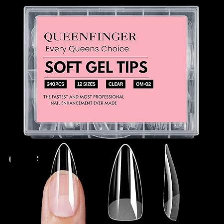 GV408 QUEENFINGER 240PCS Soft Gel Nail Tips with Box – Clear Gel X Nail Tips Full Cover Fake Nails Soft Acrylic Tips for Nail Extension Manicure at Home or Salon DIY Use for Women and Girls (01)