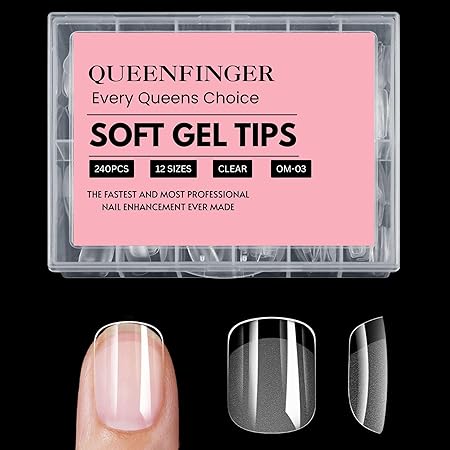 GV408 QUEENFINGER 240PCS Soft Gel Nail Tips with Box – Clear Gel X Nail Tips Full Cover Fake Nails Soft Acrylic Tips for Nail Extension Manicure at Home or Salon DIY Use for Women and Girls (01)