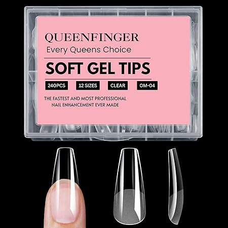 GV408 QUEENFINGER 240PCS Soft Gel Nail Tips with Box – Clear Gel X Nail Tips Full Cover Fake Nails Soft Acrylic Tips for Nail Extension Manicure at Home or Salon DIY Use for Women and Girls (01)