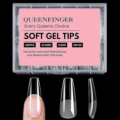 GV408 QUEENFINGER 240PCS Soft Gel Nail Tips with Box – Clear Gel X Nail Tips Full Cover Fake Nails Soft Acrylic Tips for Nail Extension Manicure at Home or Salon DIY Use for Women and Girls (01)