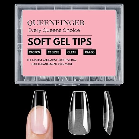 GV408 QUEENFINGER 240PCS Soft Gel Nail Tips with Box – Clear Gel X Nail Tips Full Cover Fake Nails Soft Acrylic Tips for Nail Extension Manicure at Home or Salon DIY Use for Women and Girls (01)